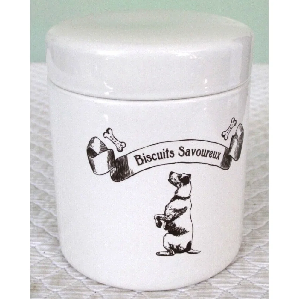French Biscuits Savoreux Dog Puppy Pup Treat Cookie Jar Container Ceramic Bull